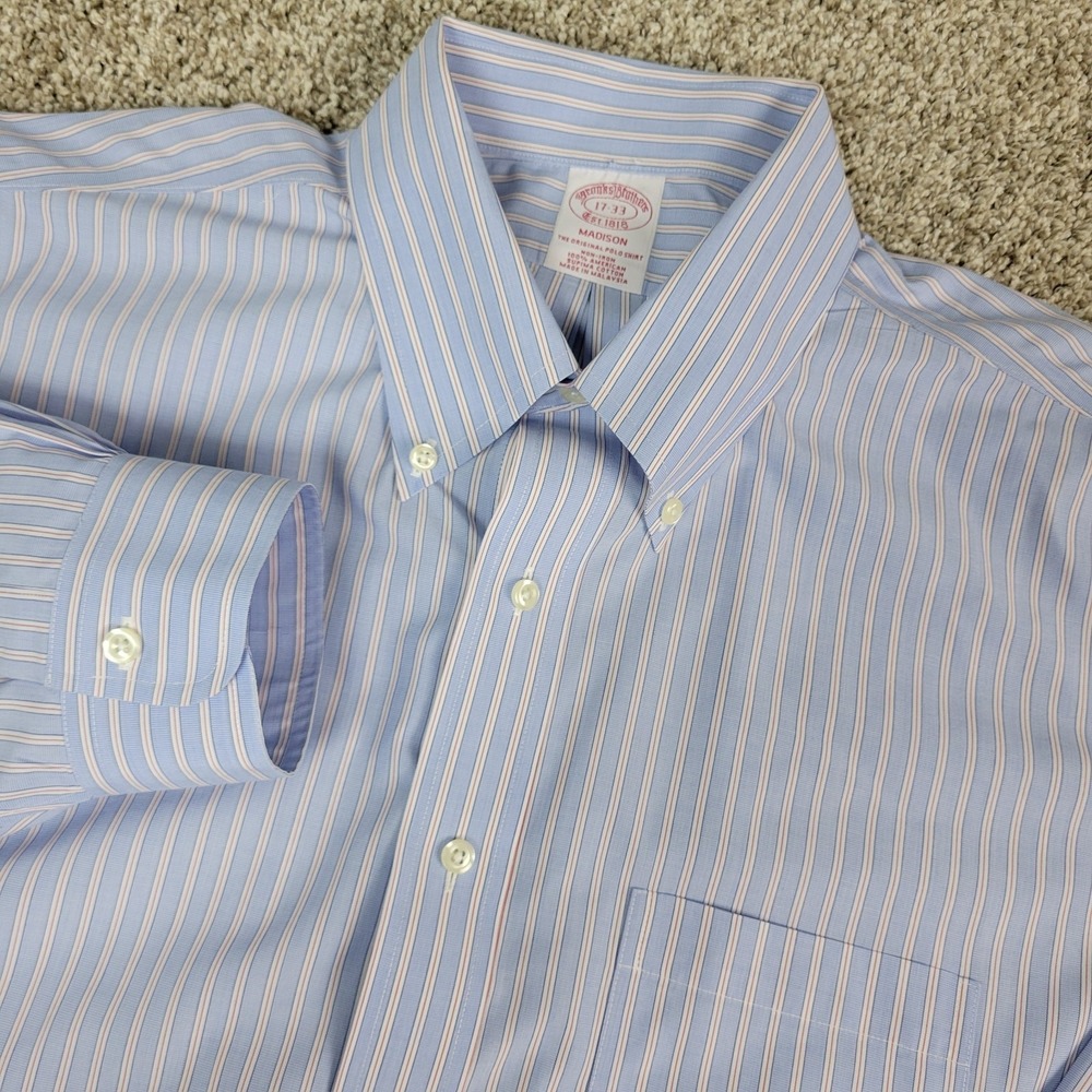 Brooks Brothers Madison Mens 17-33 Blue Red White Striped Button Down LS
